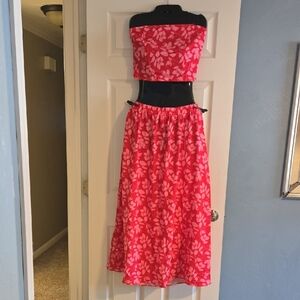 Dresstells  2 Piece Pink And Red Floral Strapless Top And Maxi Skirt